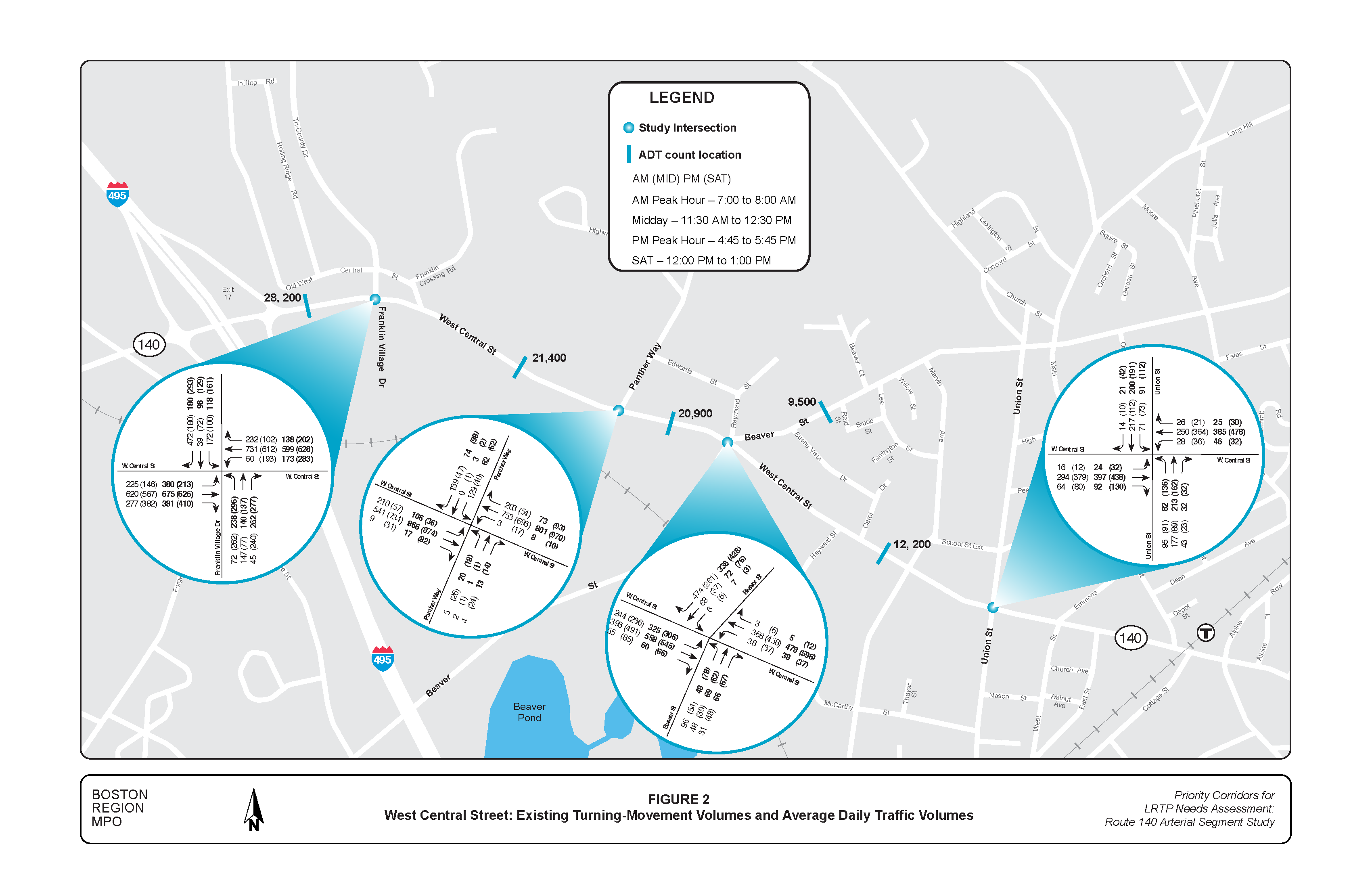 FIGURE 2: West Central Street: Existing Turning-Movement Volumes and Average Daily Traffic Volumes. Computer-drawn map that indicates existing peak-hour turning movement volumes for West Central Street.